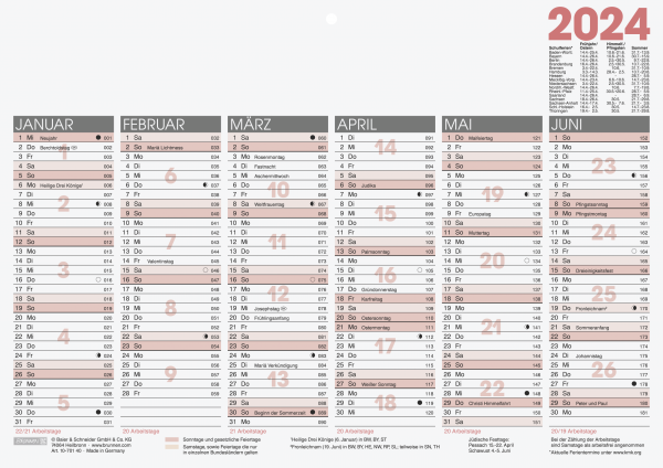 Baier & Schneider Tafelkalender 2024 A4 1Seite=6Monate