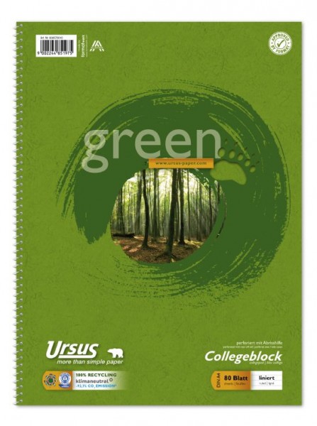 Collegeblock Ursus® Green A4 liniert 80Blatt 70g/qm 9mm